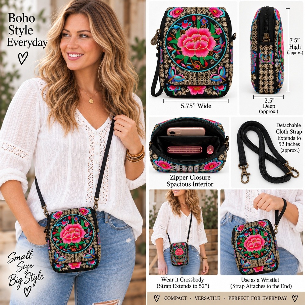 Floral Embroidered Crossbody Wristlet Bag Black Pink Small Travel Purse Boho